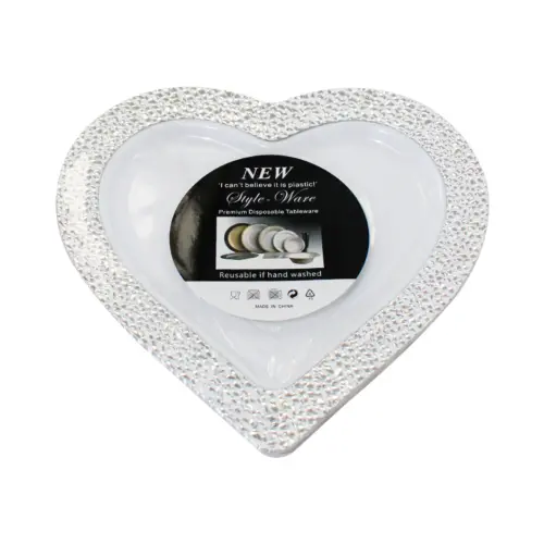 Juego de 3 platos blancos con orilla plateada de plástico diseño corazon de 25.4cm