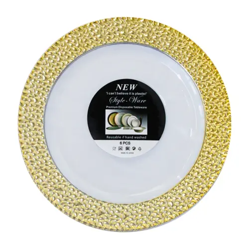Juego de 6 platos blancos con orilla dorada de plastico de 18cm