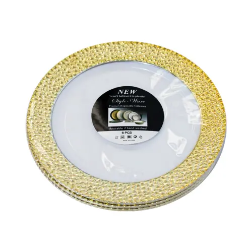 Juego de 6 platos blancos con orilla dorada de plastico de 18cm