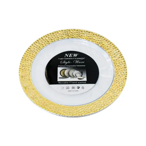 Juego de 3 platos blancos con orilla dorada de plastico de 25.4cm