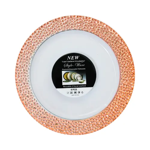 Juego de 6 platos blancos con orilla cobre de plastico de 18cm