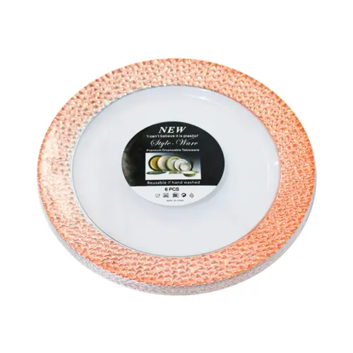Juego de 6 platos blancos con orilla cobre de plastico de 18cm