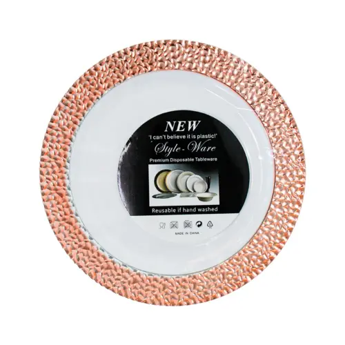 Juego de 3 platos blancos con orilla cobre de plastico de 25cm