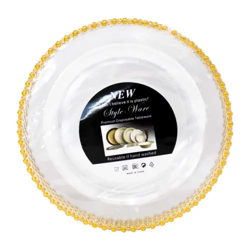 Paquete de 6 platos de plastico transparente con bolitas doradas en la orilla de 17cm