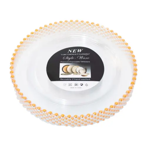 Paquete de 6 platos de plastico transparente con bolitas doradas en la orilla de 17cm