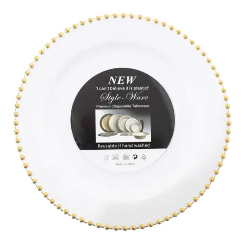 Paquete de 3 platos de plastico blanco con bolitas doradas en la orilla de 25cm
