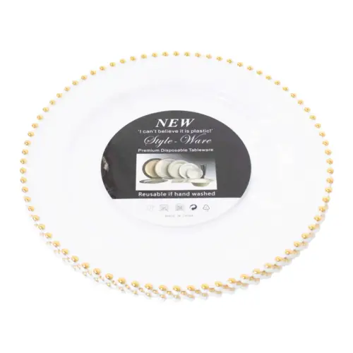 Paquete de 3 platos de plastico blanco con bolitas doradas en la orilla de 25cm