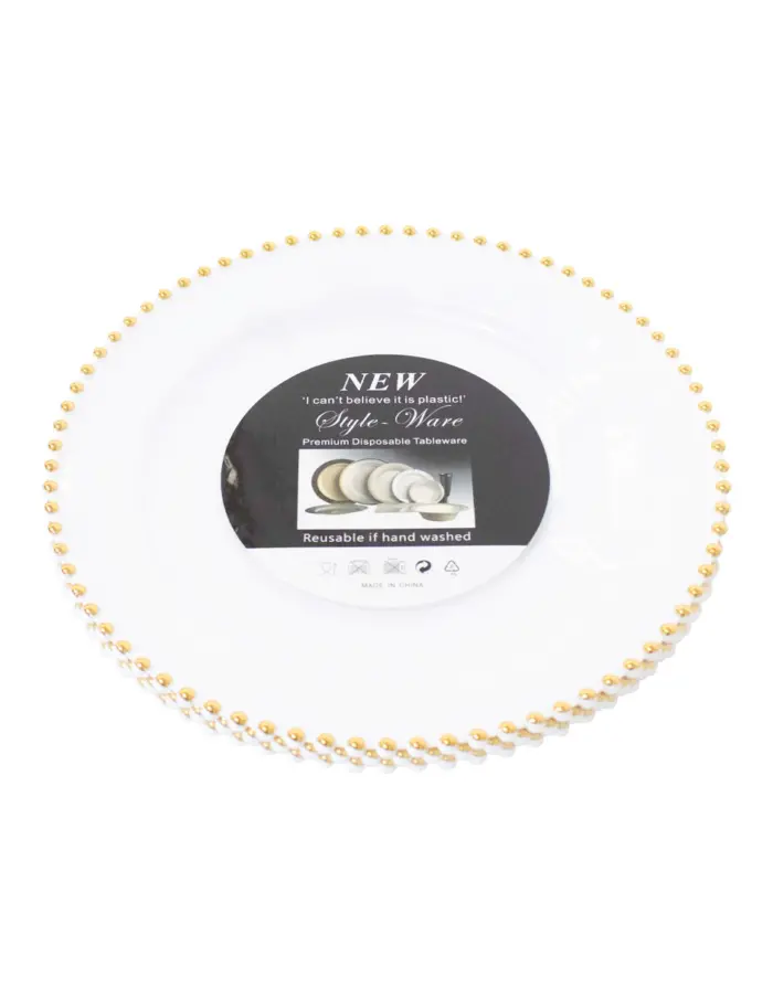 Paquete de 3 platos de plastico blanco con bolitas doradas en la orilla de 25cm - Image 2