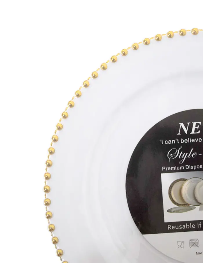 Paquete de 3 platos de plastico blanco con bolitas doradas en la orilla de 25cm - Image 3