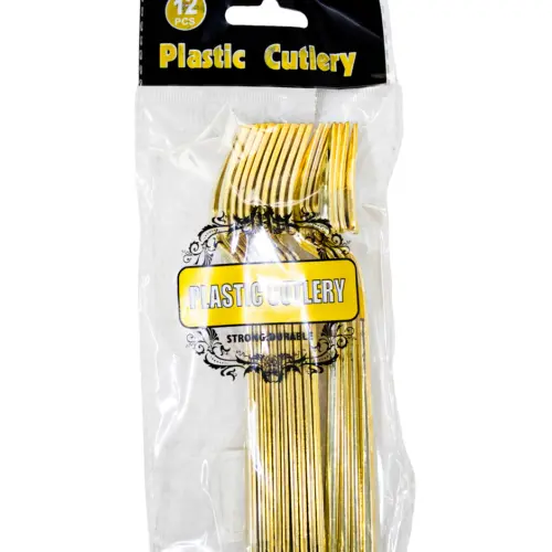 Juego de 12 tenedores dorados para carne de plastico