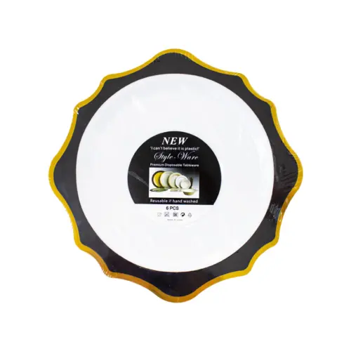 Juego de 6 platos blancos con orilla ondulada negra con dorado de plastico de 17cm