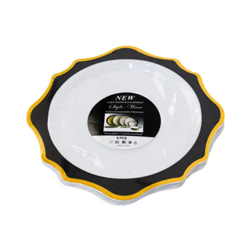 Juego de 6 platos blancos con orilla ondulada negra con dorado de plastico de 17cm
