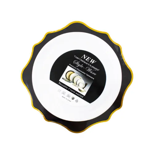 Juego de 3 platos blancos con orilla ondulada negra con dorado de plastico de 25cm
