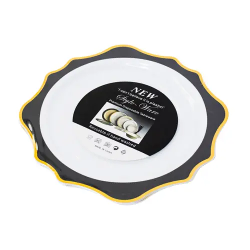 Juego de 3 platos blancos con orilla ondulada negra con dorado de plastico de 25cm