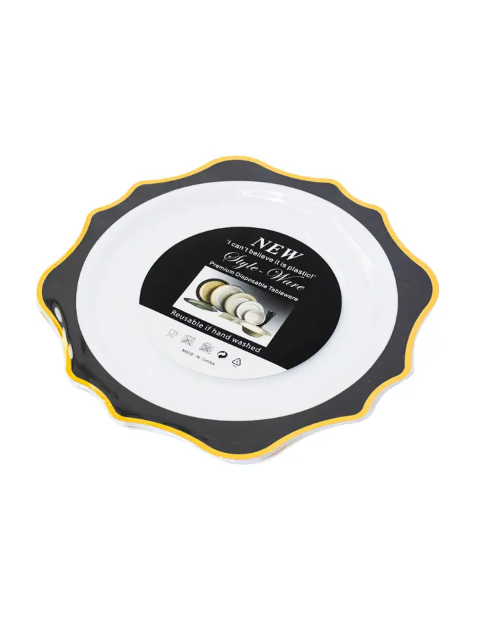 Juego de 3 platos blancos con orilla ondulada negra con dorado de plastico de 25cm - Image 2