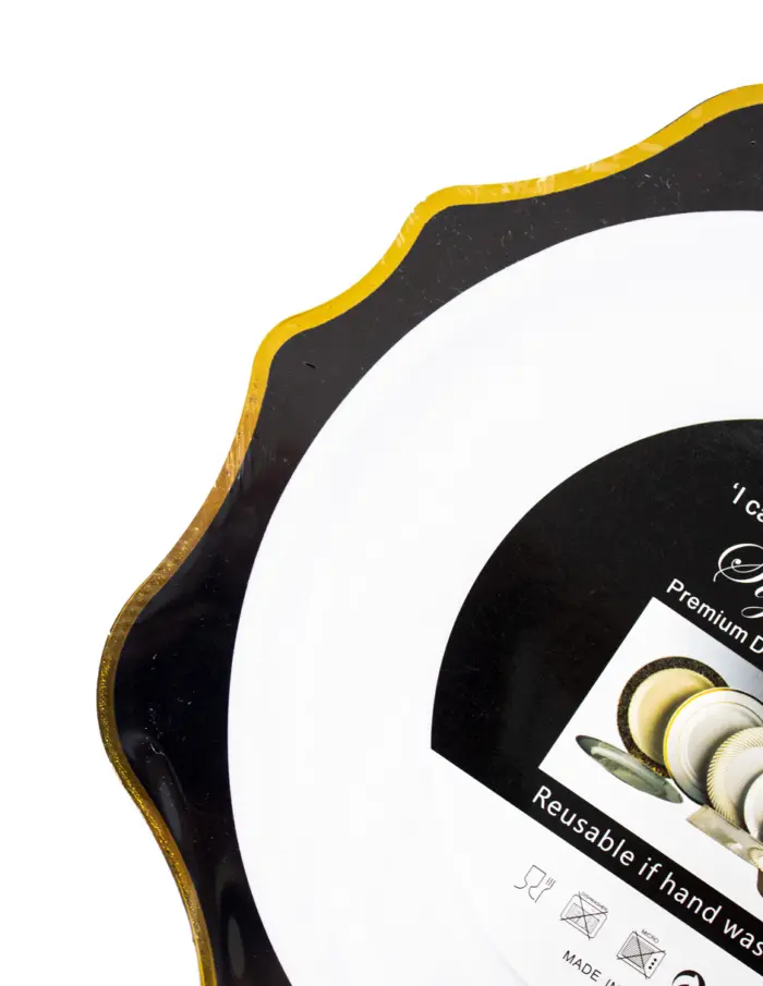 Juego de 3 platos blancos con orilla ondulada negra con dorado de plastico de 25cm - Image 3