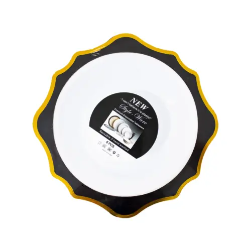 Juego de 6 bowl blancos con orilla ondulada negra con dorado de plastico de 17cm