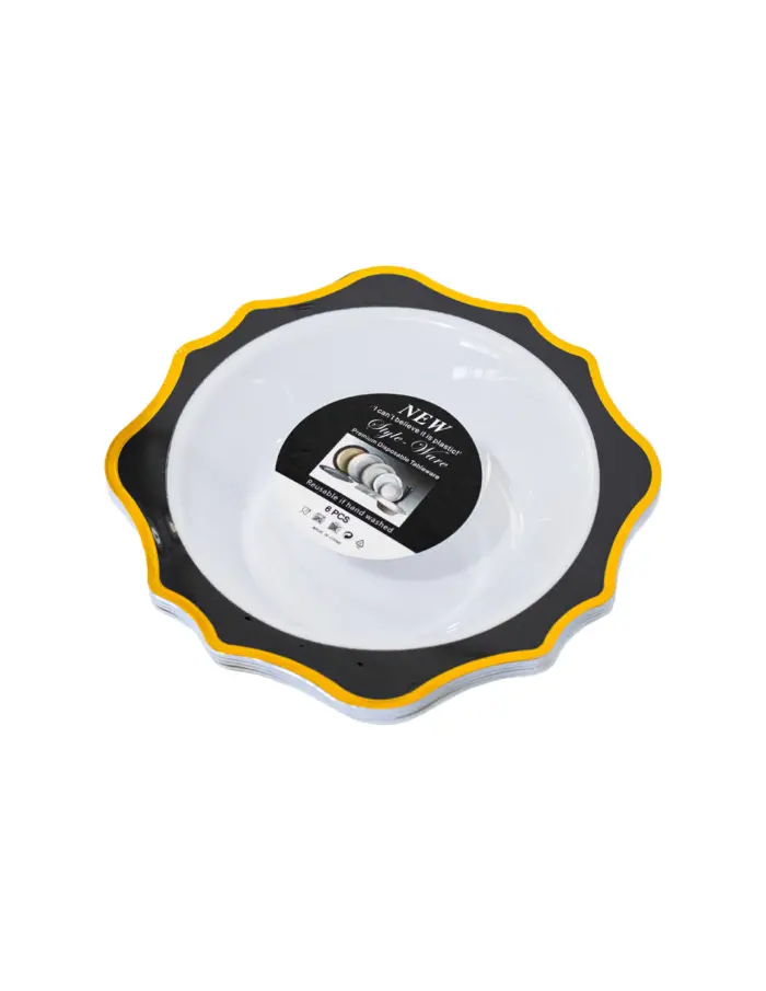 Juego de 6 bowl blancos con orilla ondulada negra con dorado de plastico de 17cm - Image 2