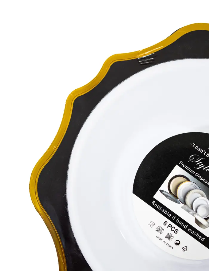 Juego de 6 bowl blancos con orilla ondulada negra con dorado de plastico de 17cm - Image 3