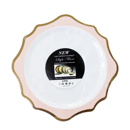 Juego de 6 platos blancos con orilla ondulada rosa con dorado de plastico de 17cm