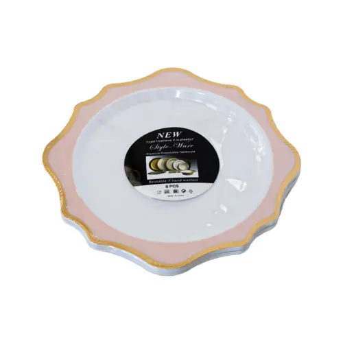 Juego de 6 platos blancos con orilla ondulada rosa con dorado de plastico de 17cm