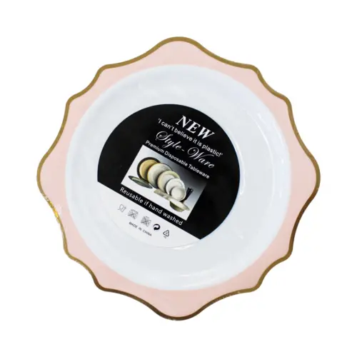 Juego de 3 platos blancos con orilla ondulada rosa con dorado de plastico de 25cm