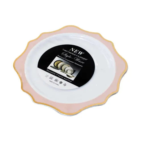 Juego de 3 platos blancos con orilla ondulada rosa con dorado de plastico de 25cm