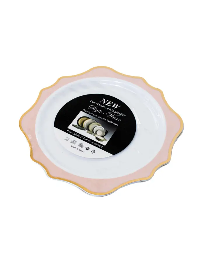 Juego de 3 platos blancos con orilla ondulada rosa con dorado de plastico de 25cm - Image 2
