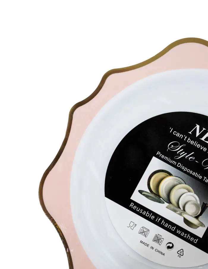 Juego de 3 platos blancos con orilla ondulada rosa con dorado de plastico de 25cm - Image 3
