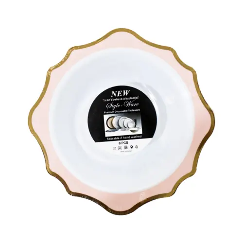 Juego de 6 bowl blancos con orilla ondulada rosa con dorado de plastico de 17cm