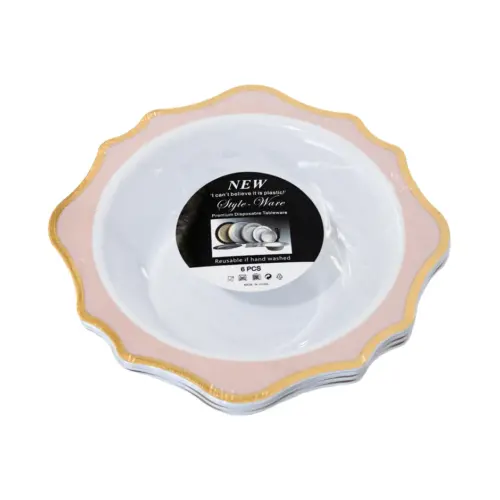 Juego de 6 bowl blancos con orilla ondulada rosa con dorado de plastico de 17cm