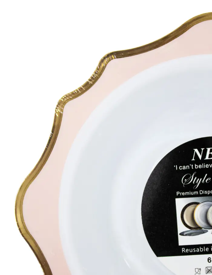 Juego de 6 bowl blancos con orilla ondulada rosa con dorado de plastico de 17cm - Image 3