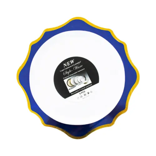 Juego de 6 platos blancos con orilla ondulada azul con dorado de plastico de 17cm