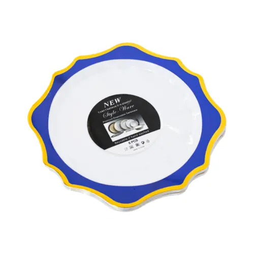 Juego de 6 platos blancos con orilla ondulada azul con dorado de plastico de 17cm