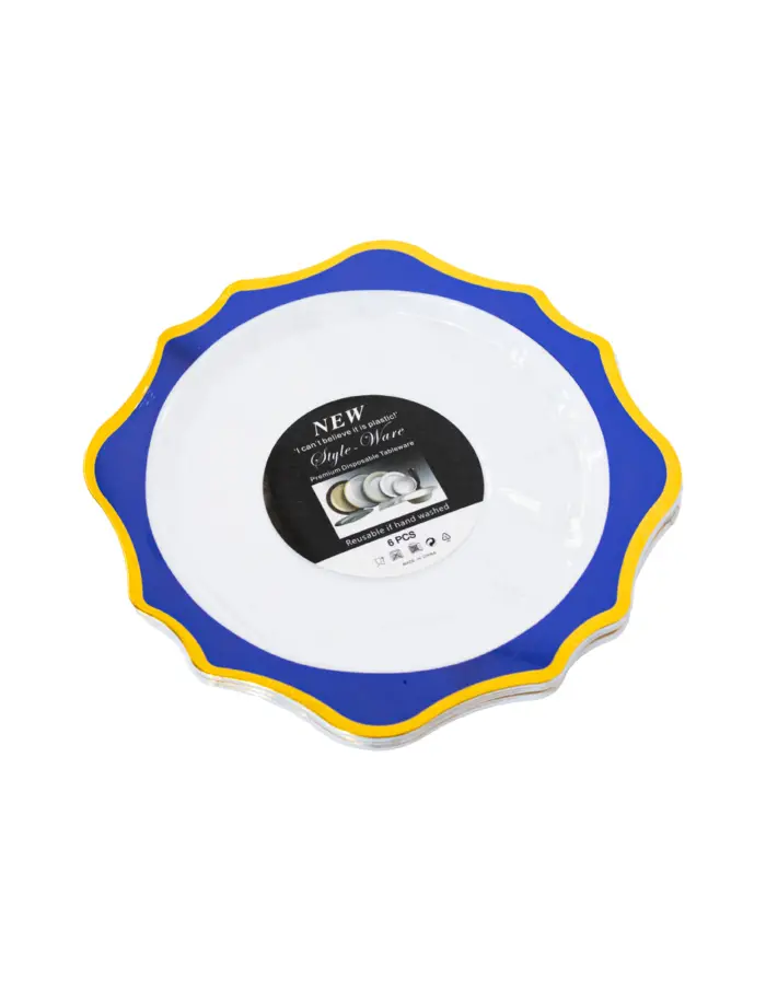 Juego de 6 platos blancos con orilla ondulada azul con dorado de plastico de 17cm - Image 2
