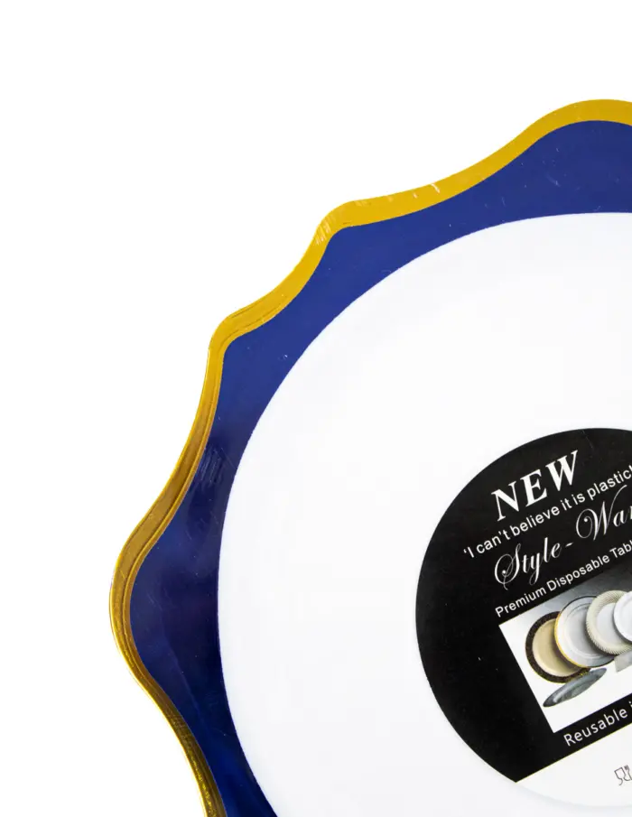 Juego de 6 platos blancos con orilla ondulada azul con dorado de plastico de 17cm - Image 3