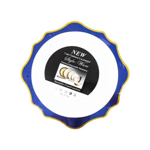 Juego de 3 platos blancos con orilla ondulada azul con dorado de plastico de 25cm