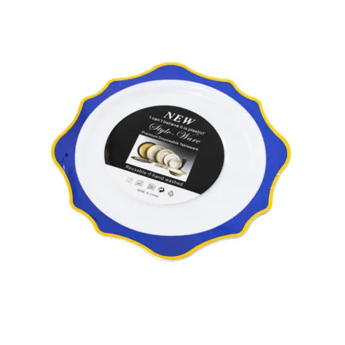 Juego de 3 platos blancos con orilla ondulada azul con dorado de plastico de 25cm