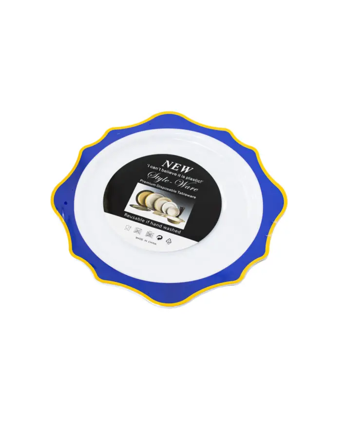 Juego de 3 platos blancos con orilla ondulada azul con dorado de plastico de 25cm - Image 2