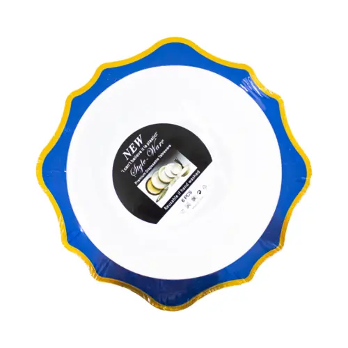 Juego de 6 bowl blancos con orilla ondulada azul con dorado de plastico de 17cm