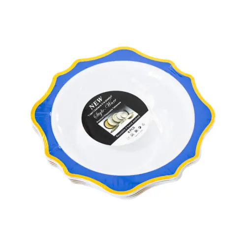 Juego de 6 bowl blancos con orilla ondulada azul con dorado de plastico de 17cm
