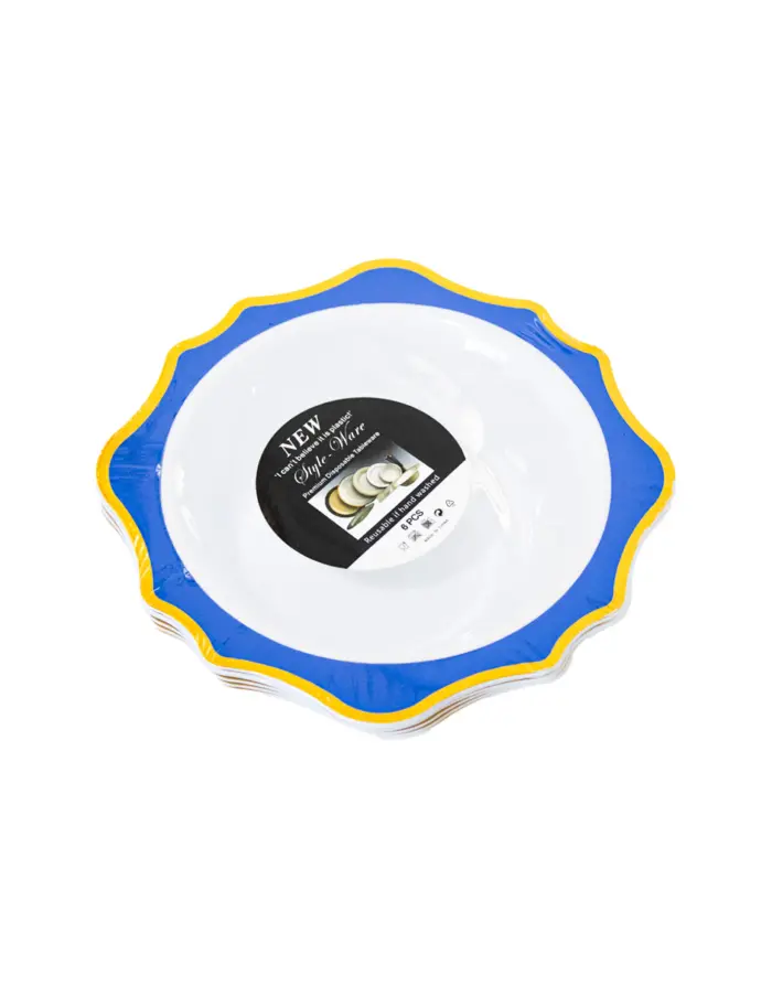 Juego de 6 bowl blancos con orilla ondulada azul con dorado de plastico de 17cm - Image 2