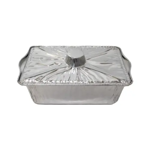 Molde de papel de aluminio rectangular con tapa plateado de 33x21x10cm
