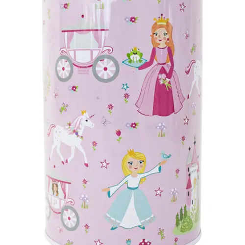 Alcancía metálica estampado princesas con carruaje rosa de 10x10x15cm