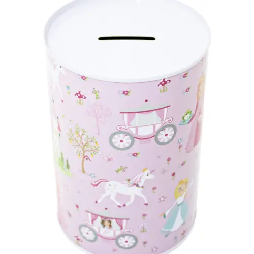 Alcancía metálica estampado princesas con carruaje rosa de 10x10x15cm