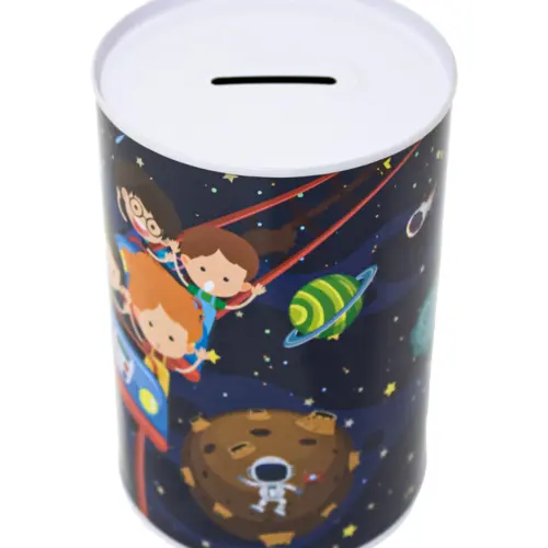 Alcancía metálica estampado astronautas de 10x10x15cm