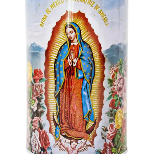 Alcancía metálica estampado Virgen de Guadalupe de 10x10x15cm