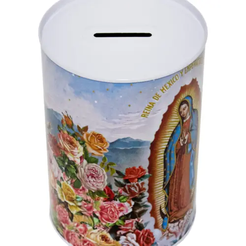 Alcancía metálica estampado Virgen de Guadalupe de 10x10x15cm