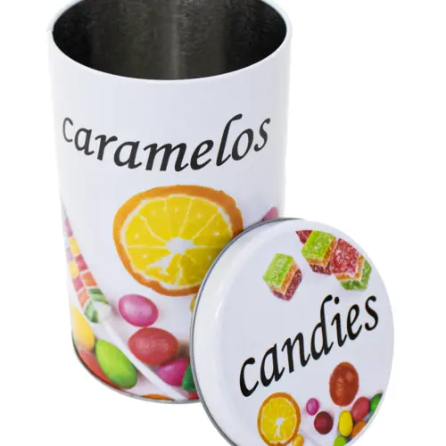Caja de metal diseño mixtos frutos azucar y caramelos de 11x11x18cm