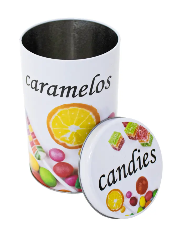 Caja de metal diseño mixtos frutos azucar y caramelos de 11x11x18cm - Image 2